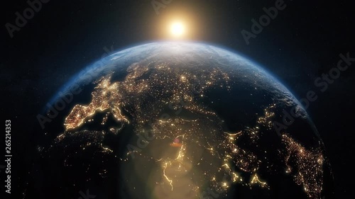 Planet earth from space. Beautiful sunrise world skyline. Planet earth rotating animation. Clip contains space, planet, galaxy, stars, cosmos, sea, earth, sunset, globe. 4k 3D Render. Images from NASA photo