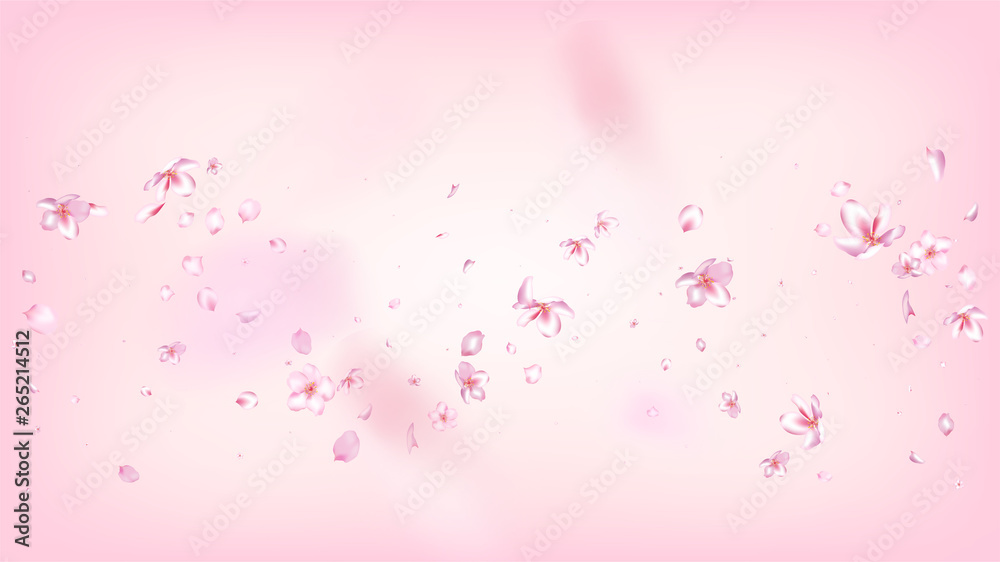 Nice Sakura Blossom Isolated Vector. Spring Showering 3d Petals Wedding Design. Japanese Style Flowers Wallpaper. Valentine, Mother's Day Tender Nice Sakura Blossom Isolated on Rose