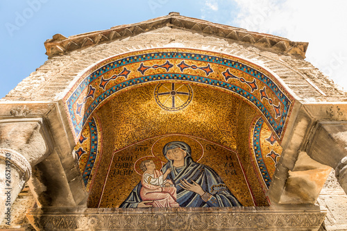 Athens, Greece. Mosaic of the Madonna and child at the south portico of the Church of Panagia Kapnikarea, a Greek Orthodox church photo