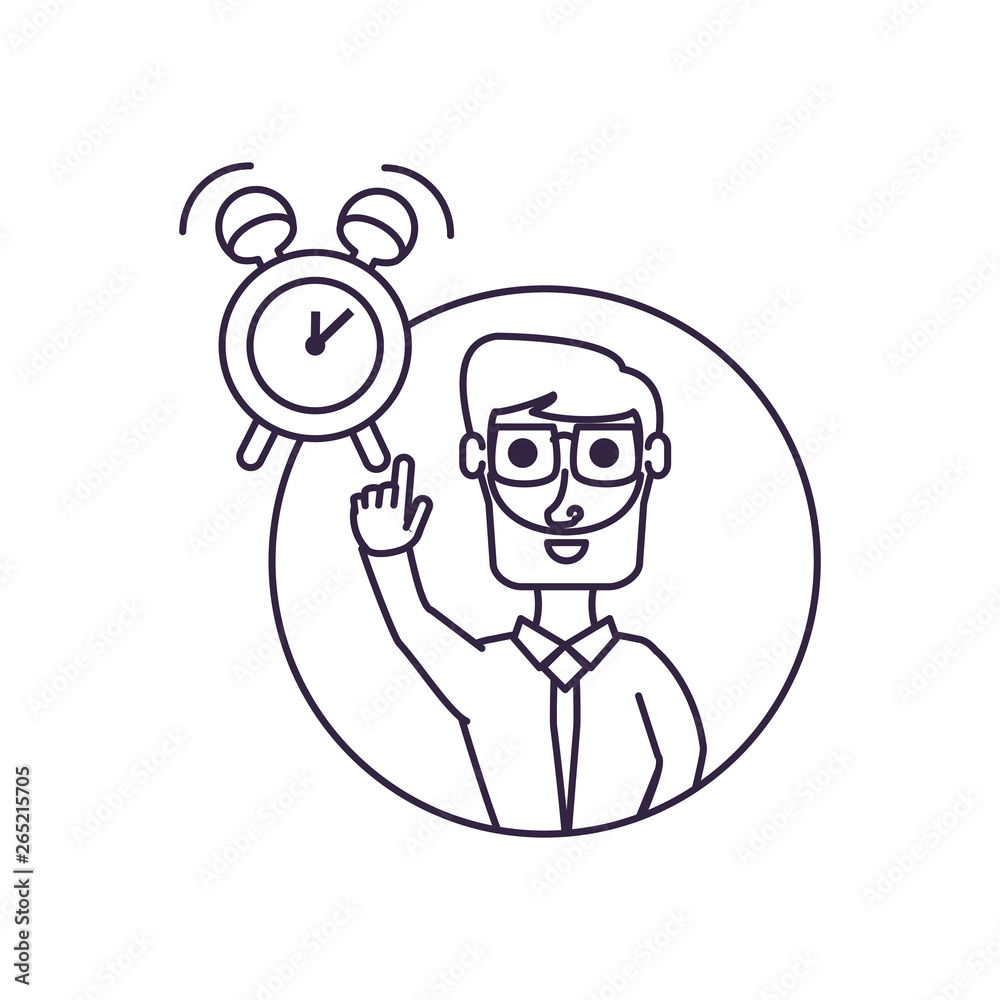 businessman with hand up in frame circular and alarm clock businessman with hand up in frame circular and alarm clock