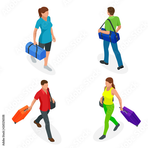 Isometric people with travel bag traveling on vacation. Character set. Active recreation, hiking and adventures.