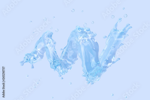 Fresh pure water swirl splash. Clean transparent water or liquid fluid wave in spiral H2O aqua form.  Healthy drink fluid splash concept isolated on blue water background. 3D render