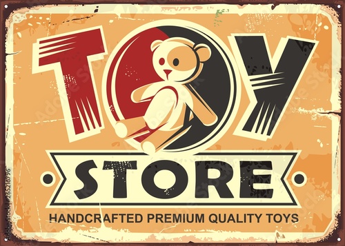 Toy store vintage metal sign with teddy bear and creative typography
