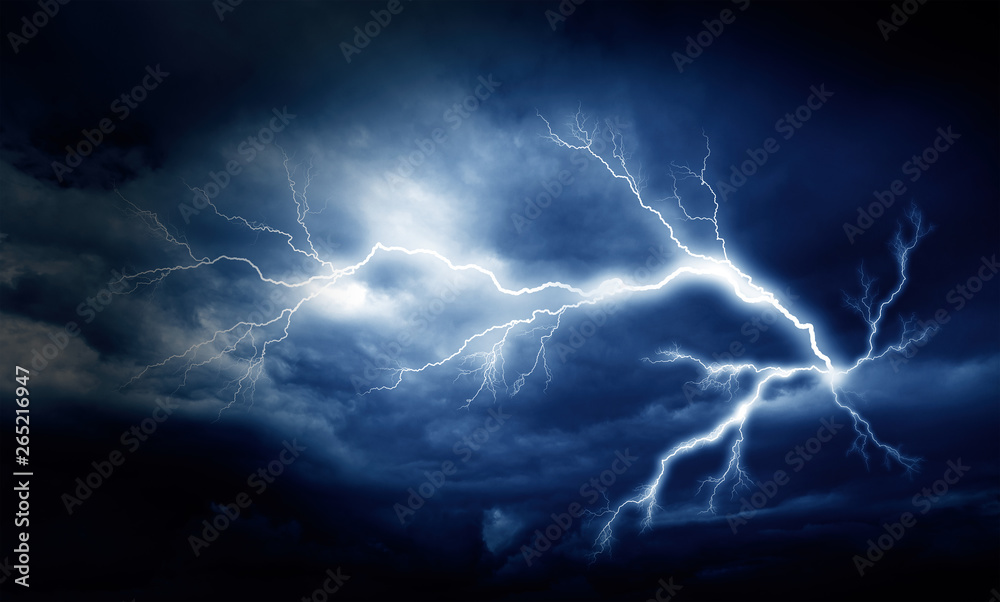Lightning strike on the cloudy dark sky. - obrazy, fototapety, plakaty 
