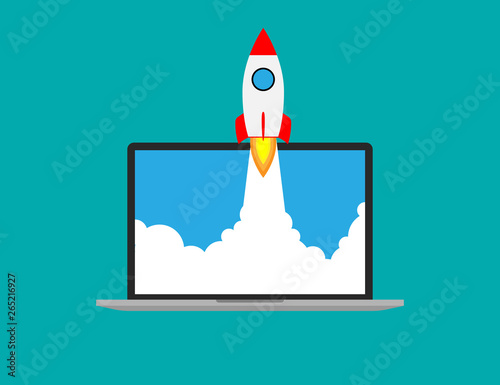 Startup rocket and laptop