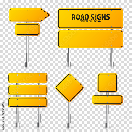 Road yellow traffic signs set. Blank board with place for text. Mockup. Isolated information sign. Direction. Vector illustration.