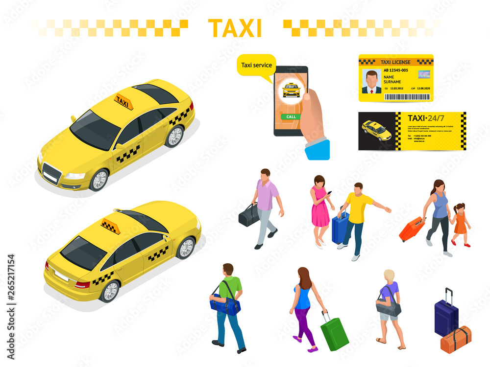 Fototapeta premium A large set of isomeric images of a taxi car, traveling people with baggage, a mobile taxi call application, a taxi license and a flyer. Character set. Active recreation and travel.