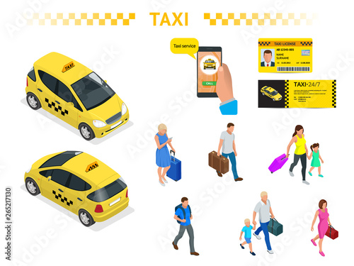 A large set of isomeric images of a taxi car, traveling people with baggage, a mobile taxi call application, a taxi license and a flyer. Character set. Active recreation and travel.