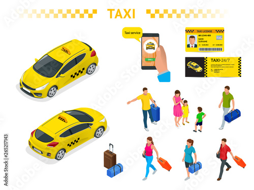 A large set of isomeric images of a taxi car, traveling people with baggage, a mobile taxi call application, a taxi license and a flyer. Character set. Active recreation and travel.