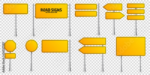 Road yellow traffic signs set. Blank board with place for text. Mockup. Isolated information sign. Direction. Vector illustration.