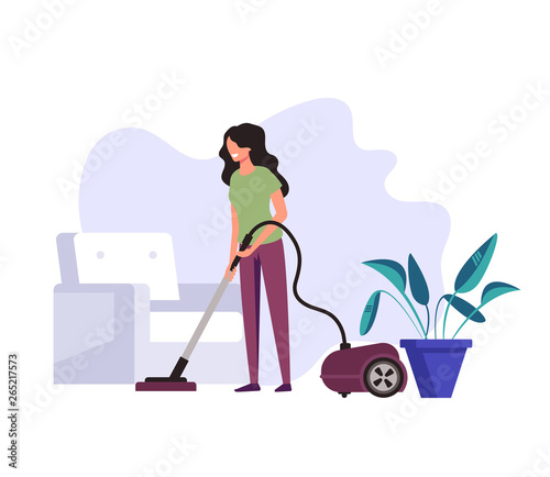 Woman housekeeper housewife cleaning company worker clean vacuuming wash floor in house living room. Cleaning service concept. Vector flat graphic design cartoon illustration