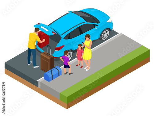 Isometric concept of family car, traveling people with baggage, a mobile taxi call application. Active recreation and travel.