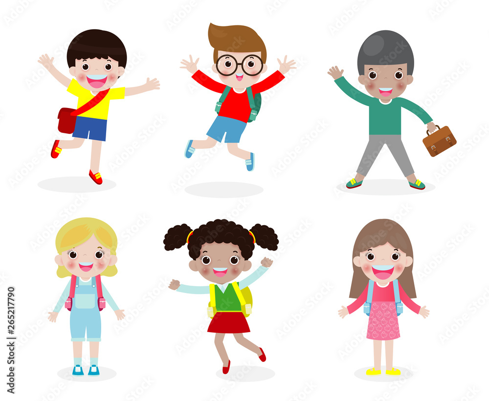 Printset of happy children go to school, back to school,education concept, school kids, isolated on white background
