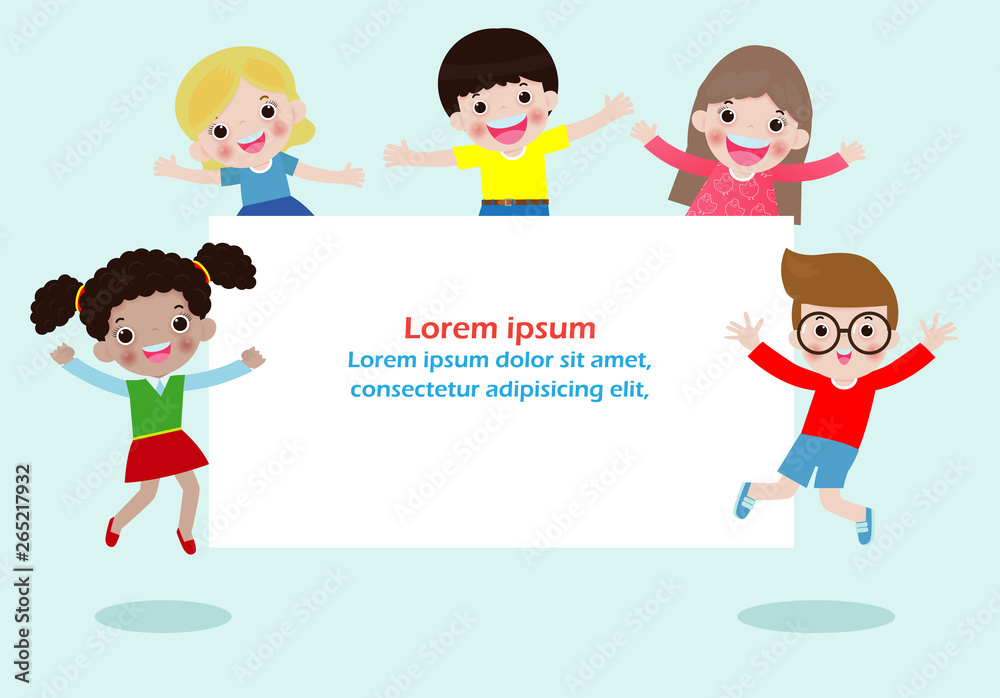 PrintHappy children holding blank signs poster. Template for advertising brochure. Ready for your message. Space for text. cartoon kids character. Vector illustration PrintHappy children holding blank signs poster. Template for advertising brochure. Ready for your message. Space for text. cartoon kids character. Vector illustration