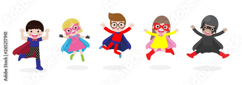 PrintCartoon set of Kids Super heroes wearing comics costumes. children in Superhero costume characters isolated on white background, vector illustration