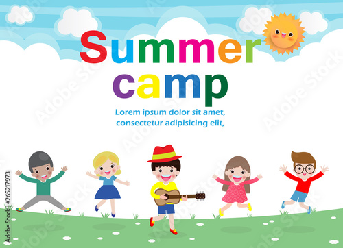 Printsummer camp kids education concept Template for advertising brochure, activities on camping poster your text ,Vector Illustration