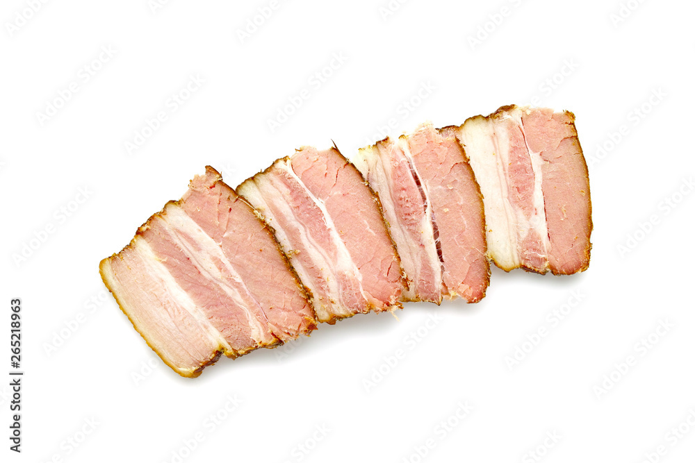 Slices of smoked bacon. Smoked bacon slices isolated on white background. Homemade bacon Slices of smoked bacon. Smoked bacon slices isolated on white background. Homemade bacon