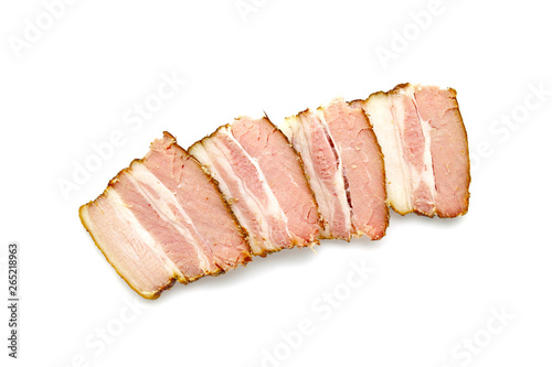 Slices of smoked bacon. Smoked bacon slices isolated on white background. Homemade bacon