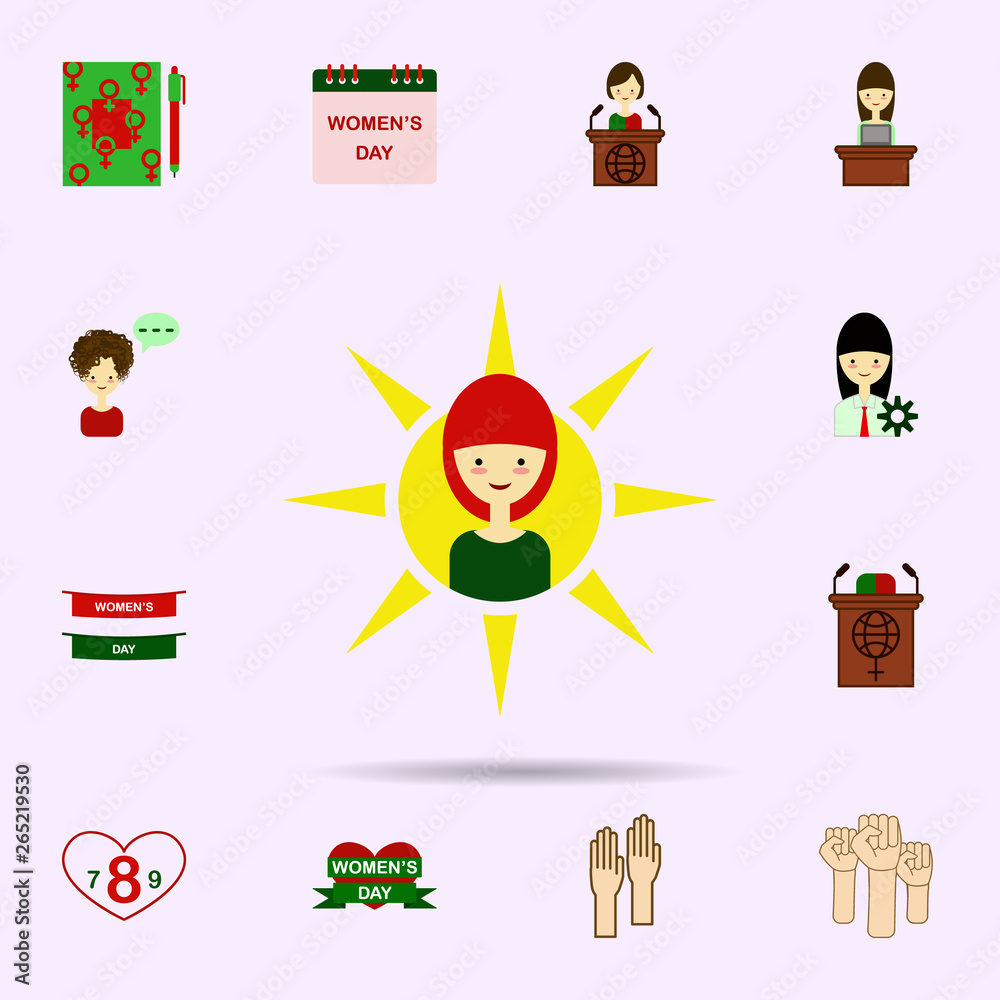 Sun, woman color icon. Universal set of 8 march for website design and development, app development