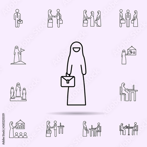 Muslim businesswoman, suitcase icon. Universal set of muslim businesswoman for website design and development, app development