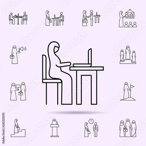 sitting, laptop, Muslim businesswoman icon. Universal set of muslim businesswoman for website design and development, app development