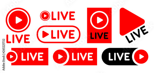 Live stream icon with play button. Vector emblem tag set.