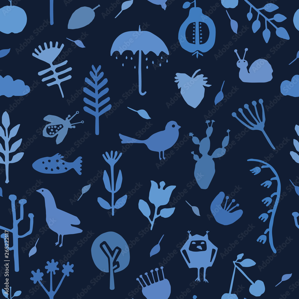 Indigo blue nature cut out shapes. Vector pattern seamless background. Hand paper cutting animals, plants matisse style. Collage illustration. Trendy home decor, fashion print. Bird, fish, duck, snail Stock Vector | Adobe Indigo blue nature cut out shapes. Vector pattern seamless background. Hand paper cutting animals, plants matisse style. Collage illustration. Trendy home decor, fashion print. Bird, fish, duck, snail Stock Vector | Adobe