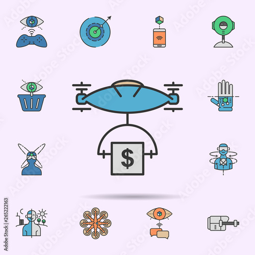 Drone earn money colored neon icon. Elements of virtual reality set. Simple icon for websites, web design, mobile app, info graphics
