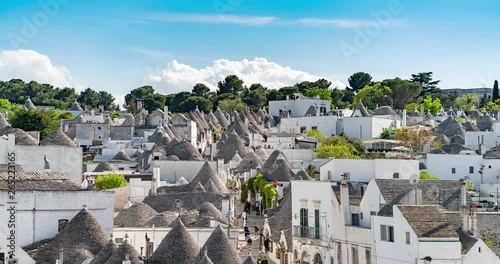 Alberobello, Apulia, Italy. Time lapse view of the famous italian south city of the trully houses