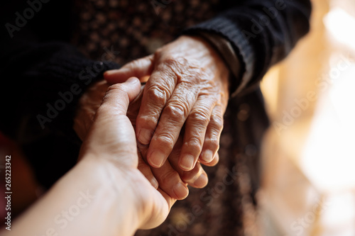 Grandson holding his grandmother's hand