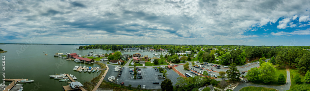 Aerial panorama of shipyard and lighthouse in St. Michaels harbor in Maryland in the Chesapeake Bay