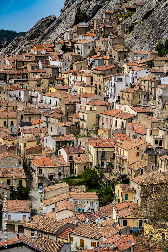 Pietrapertosa town, small village on the Lucanian Dolomites, province of Matera, Basilicata, Italy. the city is opposite to the city of Castelmezzano