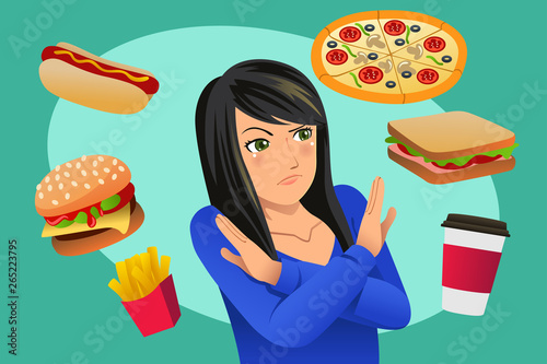 Woman Refusing Fast Food Temptation Illustration