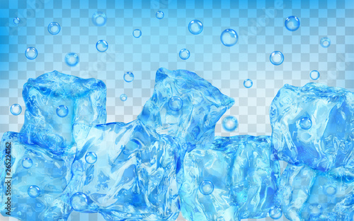 A lot of translucent light blue ice cubes and air bubbles under water on transparent background. Transparency only in vector format