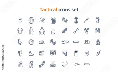 Tactical web icons set in flat style with equipment, clothing and recreative stuff.  Can be used in infographic, web or design photo