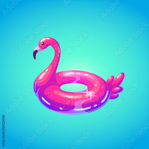 Swim ring in shape of flamingo. Cartoon illustration of rubber Inflatable pink flamingo. © PixelChoice