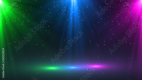 abstract of empty stage with colorful spotlights or Several bright projectors for scene lighting effects . can be used for display or montage your products