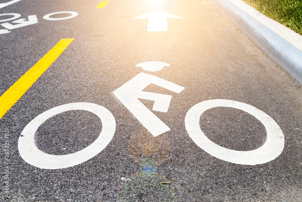 Fototapeta premium Bike lane safety symbol painted on the street in New York City