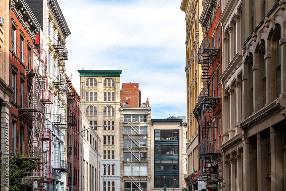 Street view of historic buildings on Broadway in the Tribeca neighborhood of Manhattan in New York City