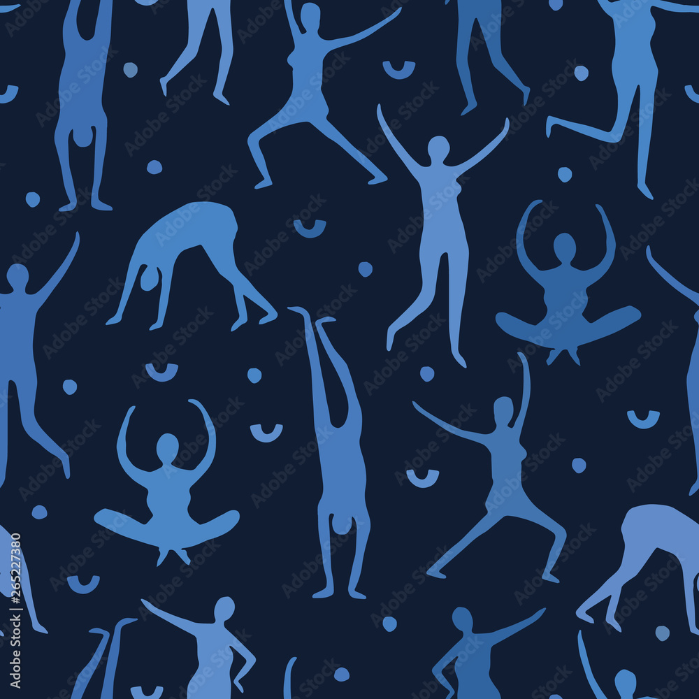 Female body people pose seamless vector pattern. Yoga, dance sport posture  all over print background. Paper cut out human figures. Indigo blue navy  backdrop. Active healthy movement lifestyle concept. Stock Vector