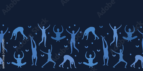 Female body people pose seamless vector border pattern. Yoga, dance sport posture banner background. Paper cut out human figures. Indigo blue navy edge trim. Active healthy movement lifestyle concept.