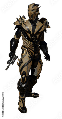 Science fiction illustration of an alien warrior figure wearing bronze space armour, 3d digitally rendered illustration