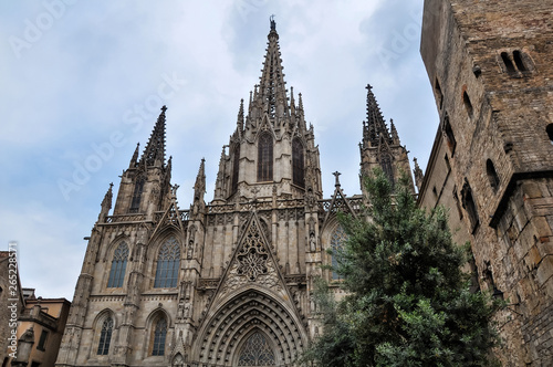 Barcelona Spain Catholic Church on a rainy day.