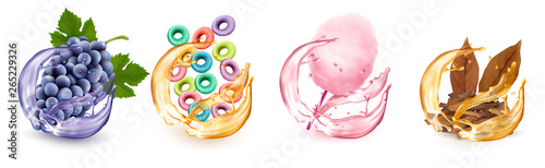 Set of different products flavors in juice splash. Grapes,  fruit-flavored cereal, cotton candy, tobacco. Vector icons.