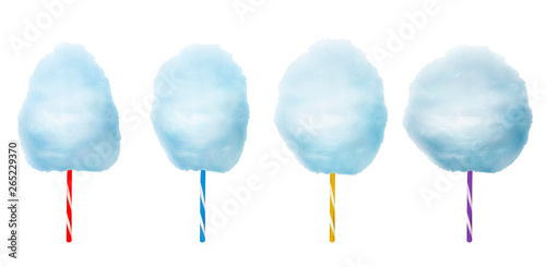 Vector realistic cotton candies on colourful confectionery candyfloss sticks. Sweet sugar clouds. 