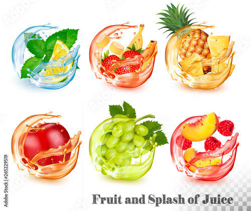 Fototapeta Naklejka Na Ścianę i Meble -  Set of mint and fruit in a water and juice splash. Mint and lemon, strawberry and banana, pineapple, apple, grapes, peach and raspberry. Vector