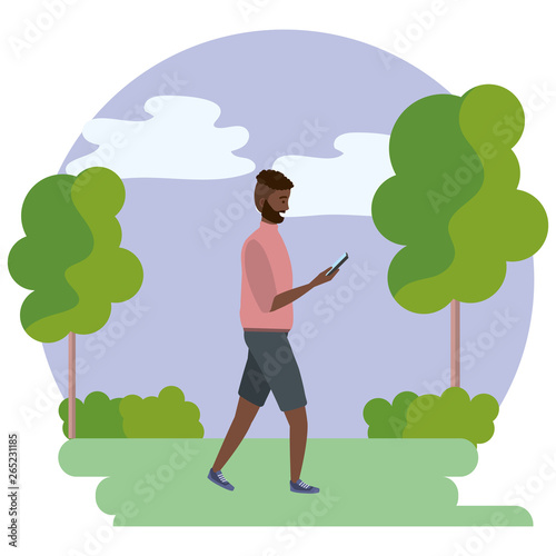 Millenial person stylish outfit smartphone round frame