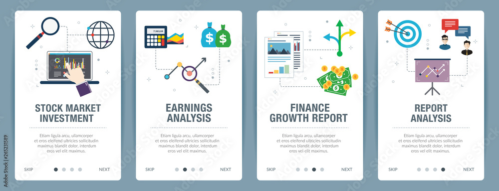 Vector set of vertical web banners with stock market investment, earnings analysis, finance growth, report analysis. Vector banner template for website and mobile app development with icon set.