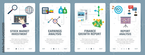 Vector set of vertical web banners with stock market investment, earnings analysis, finance growth, report analysis. Vector banner template for website and mobile app development with icon set.