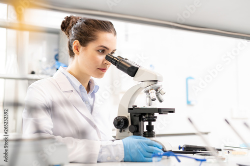 Concentrated inquisitive young female biologist in lab coat sitting at table and using microscope while observing material at molecular level